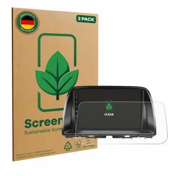 Face avant d’un emballage produit avec le logo de la marque ScreenLeaf. À côté, l’appareil Mazda CX-5 2017 Infotainment System