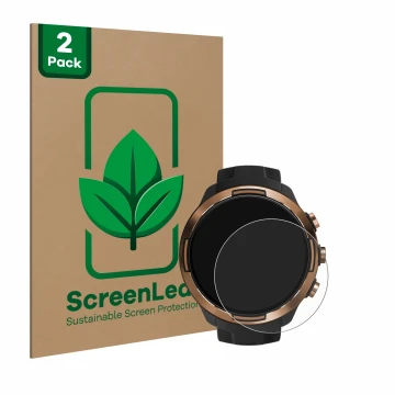 Face avant d’un emballage produit avec le logo de la marque ScreenLeaf. À côté, l’appareil Suunto 9 Baro est représenté avec l