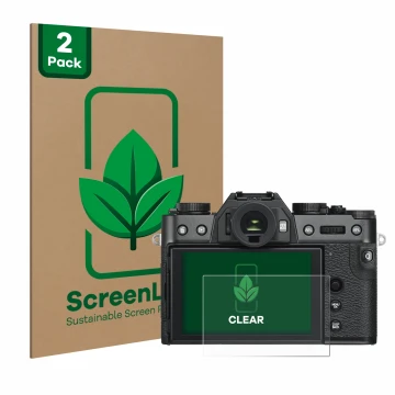 Face avant d’un emballage produit avec le logo de la marque ScreenLeaf. À côté, l’appareil Fujifilm X-T30 est représenté avec 
