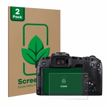 Face avant d’un emballage produit avec le logo de la marque ScreenLeaf. À côté, l’appareil Canon EOS RP est représenté avec la