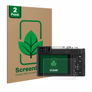 Face avant d’un emballage produit avec le logo de la marque ScreenLeaf. À côté, l’appareil Panasonic Lumix DC-TZ96 est représe