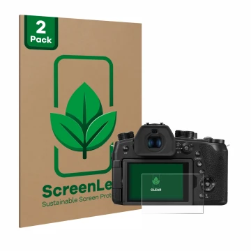 Face avant d’un emballage produit avec le logo de la marque ScreenLeaf. À côté, l’appareil Panasonic Lumix DC-FZ1000 II est re