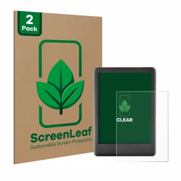 Face avant d’un emballage produit avec le logo de la marque ScreenLeaf. À côté, l’appareil Amazon Kindle 2019 (10ème Gen.) est