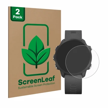 Face avant d’un emballage produit avec le logo de la marque ScreenLeaf. À côté, l’appareil Garmin Forerunner 245 Music est rep