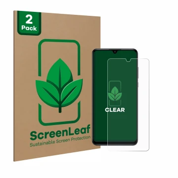 Face avant d’un emballage produit avec le logo de la marque ScreenLeaf. À côté, l’appareil Huawei P30 lite est représenté avec