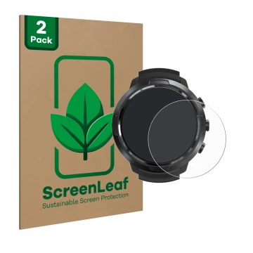 Face avant d’un emballage produit avec le logo de la marque ScreenLeaf. À côté, l’appareil Suunto D5 est représenté avec la pr