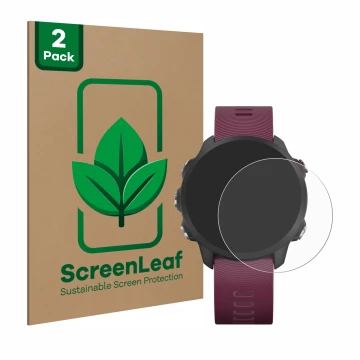 Face avant d’un emballage produit avec le logo de la marque ScreenLeaf. À côté, l’appareil Garmin Forerunner 245 est représent