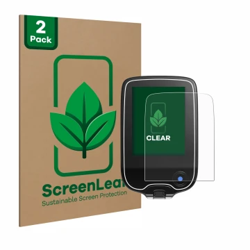 Face avant d’un emballage produit avec le logo de la marque ScreenLeaf. À côté, l’appareil Freestyle Libre 2 est représenté av