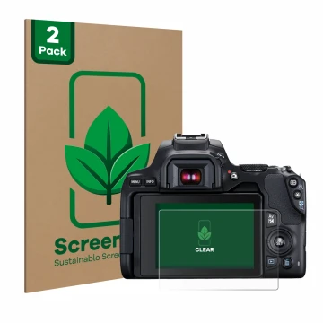 Face avant d’un emballage produit avec le logo de la marque ScreenLeaf. À côté, l’appareil Canon EOS 250D est représenté avec 