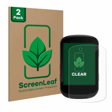Face avant d’un emballage produit avec le logo de la marque ScreenLeaf. À côté, l’appareil Garmin Edge 530 est représenté avec
