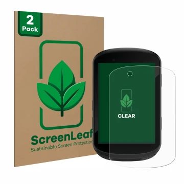 Face avant d’un emballage produit avec le logo de la marque ScreenLeaf. À côté, l’appareil Garmin Edge 830 est représenté avec