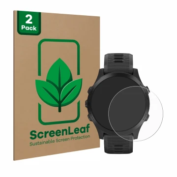 Face avant d’un emballage produit avec le logo de la marque ScreenLeaf. À côté, l’appareil Garmin Forerunner 945 est représent