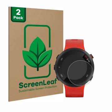 Face avant d’un emballage produit avec le logo de la marque ScreenLeaf. À côté, l’appareil Garmin Forerunner 45 est représenté
