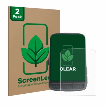 Face avant d’un emballage produit avec le logo de la marque ScreenLeaf. À côté, l’appareil Wahoo Elemnt Roam est représenté av