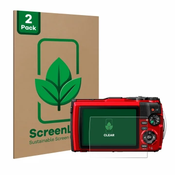 Face avant d’un emballage produit avec le logo de la marque ScreenLeaf. À côté, l’appareil Olympus Tough TG-6 est représenté a