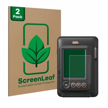 Face avant d’un emballage produit avec le logo de la marque ScreenLeaf. À côté, l’appareil Fujifilm Instax Mini LiPlay est rep