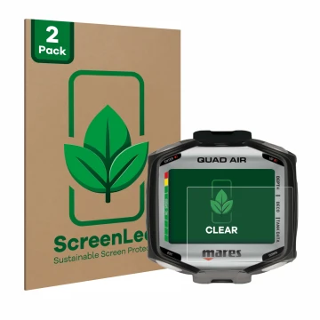 Face avant d’un emballage produit avec le logo de la marque ScreenLeaf. À côté, l’appareil Mares Quad Air est représenté avec 