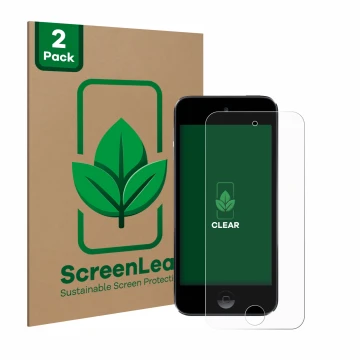Face avant d’un emballage produit avec le logo de la marque ScreenLeaf. À côté, l’appareil Apple iPod Touch (7ème Gen.) est re