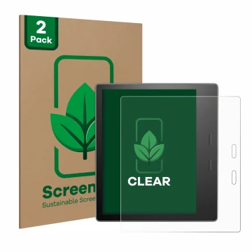 Face avant d’un emballage produit avec le logo de la marque ScreenLeaf. À côté, l’appareil Amazon Kindle Oasis 2019 (10ème Gen