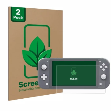 Face avant d’un emballage produit avec le logo de la marque ScreenLeaf. À côté, l’appareil Nintendo Switch Lite est représenté