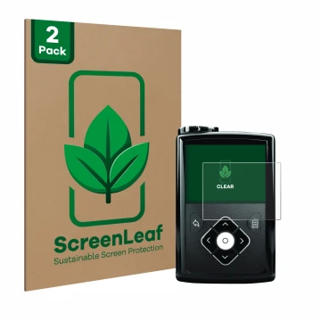 Face avant d’un emballage produit avec le logo de la marque ScreenLeaf. À côté, l’appareil Medtronic Minimed 640G est représen