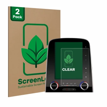 Face avant d’un emballage produit avec le logo de la marque ScreenLeaf. À côté, l’appareil Renault Scenic R-Link 2 8.7