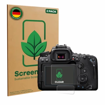 Face avant d’un emballage produit avec le logo de la marque ScreenLeaf. À côté, l’appareil Canon EOS 90D est représenté avec l