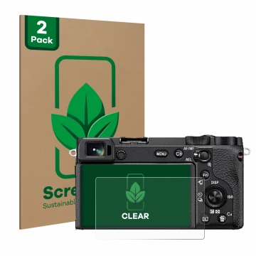 Face avant d’un emballage produit avec le logo de la marque ScreenLeaf. À côté, l’appareil Sony Alpha 6600 est représenté avec