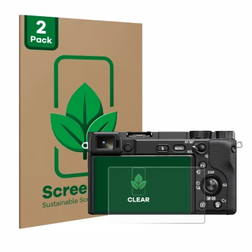 Face avant d’un emballage produit avec le logo de la marque ScreenLeaf. À côté, l’appareil Sony Alpha 6100 est représenté avec