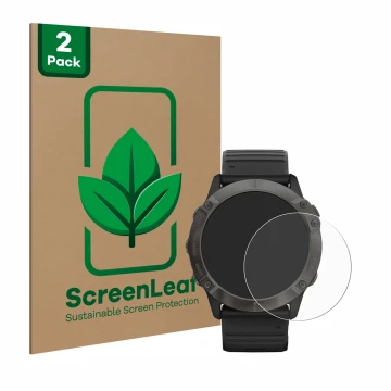 Face avant d’un emballage produit avec le logo de la marque ScreenLeaf. À côté, l’appareil Garmin Fenix 6X Pro est représenté 