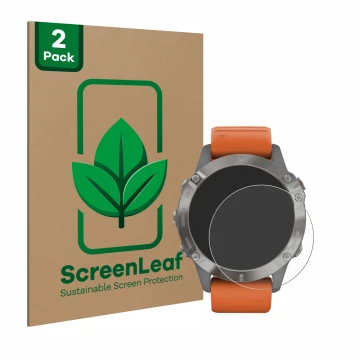 Face avant d’un emballage produit avec le logo de la marque ScreenLeaf. À côté, l’appareil Garmin Fenix 6 Pro est représenté a