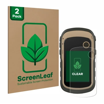 Face avant d’un emballage produit avec le logo de la marque ScreenLeaf. À côté, l’appareil Garmin eTrex 32x est représenté ave