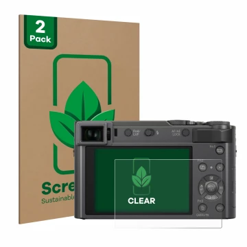 Face avant d’un emballage produit avec le logo de la marque ScreenLeaf. À côté, l’appareil Panasonic Lumix DC-TZ200 est représ