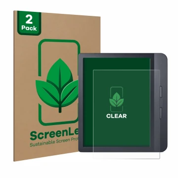 Face avant d’un emballage produit avec le logo de la marque ScreenLeaf. À côté, l’appareil Kobo Libra H2O est représenté avec 