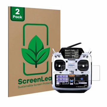 Face avant d’un emballage produit avec le logo de la marque ScreenLeaf. À côté, l’appareil Robbe Futaba T32MZ est représenté a