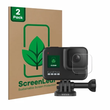 Face avant d’un emballage produit avec le logo de la marque ScreenLeaf. À côté, l’appareil GoPro Hero 8 Black (Lentille) est r