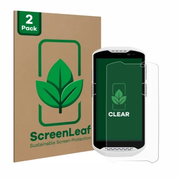 Face avant d’un emballage produit avec le logo de la marque ScreenLeaf. À côté, l’appareil Zebra TC57 est représenté avec la p