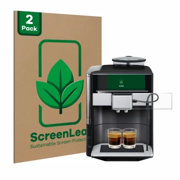 Face avant d’un emballage produit avec le logo de la marque ScreenLeaf. À côté, l’appareil Siemens EQ.6 plus s700 est représen