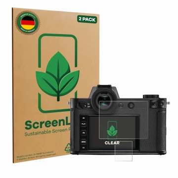 Face avant d’un emballage produit avec le logo de la marque ScreenLeaf. À côté, l’appareil Leica SL2 est représenté avec la pr