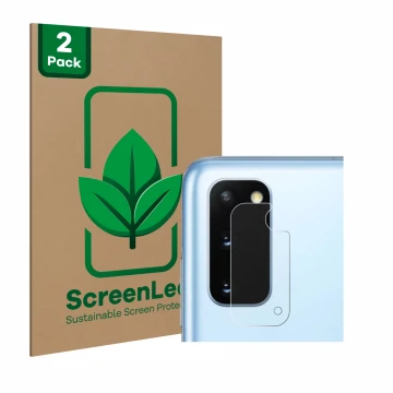 Face avant d’un emballage produit avec le logo de la marque ScreenLeaf. À côté, l’appareil Samsung Galaxy S20 (Caméra UNIQUEME