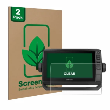 Face avant d’un emballage produit avec le logo de la marque ScreenLeaf. À côté, l’appareil Garmin ECHOMAP UHD 92sv est représe