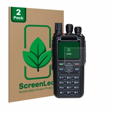 Face avant d’un emballage produit avec le logo de la marque ScreenLeaf. À côté, l’appareil AnyTone AT-D878UV Plus est représen