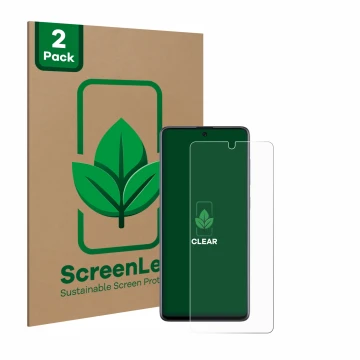 Face avant d’un emballage produit avec le logo de la marque ScreenLeaf. À côté, l’appareil Samsung Galaxy A71 est représenté a