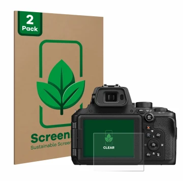 Face avant d’un emballage produit avec le logo de la marque ScreenLeaf. À côté, l’appareil Nikon Coolpix P950 est représenté a
