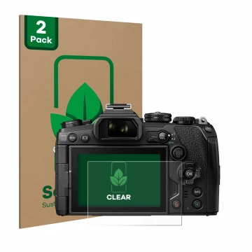 Face avant d’un emballage produit avec le logo de la marque ScreenLeaf. À côté, l’appareil Olympus OM-D E-M1 Mark III est repr