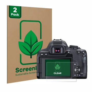 Face avant d’un emballage produit avec le logo de la marque ScreenLeaf. À côté, l’appareil Canon EOS 850D est représenté avec 
