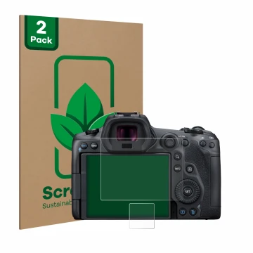 Face avant d’un emballage produit avec le logo de la marque ScreenLeaf. À côté, l’appareil Canon EOS R5 est représenté avec la