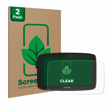 Face avant d’un emballage produit avec le logo de la marque ScreenLeaf. À côté, l’appareil TomTom Go Professional 620 est repr