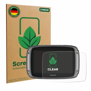 Face avant d’un emballage produit avec le logo de la marque ScreenLeaf. À côté, l’appareil TomTom Rider 50 est représenté avec