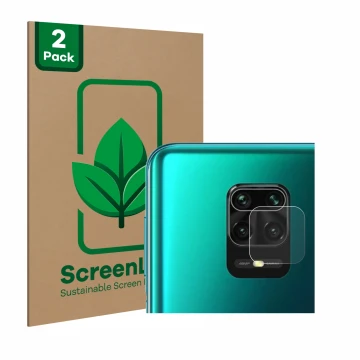 Face avant d’un emballage produit avec le logo de la marque ScreenLeaf. À côté, l’appareil Xiaomi Redmi Note 9S (Caméra UNIQUE
